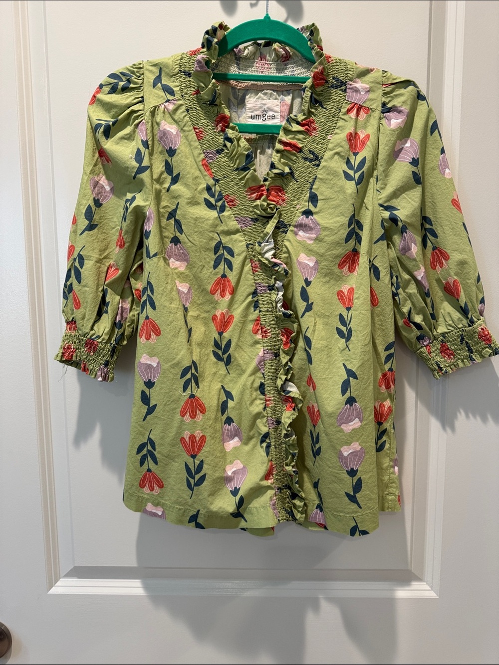Umgee Green Floral Ruffle-Front Blouse